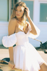 Puff Sleeve Button Asymmetric Hem Corset Mini Dresses-White Pre Order