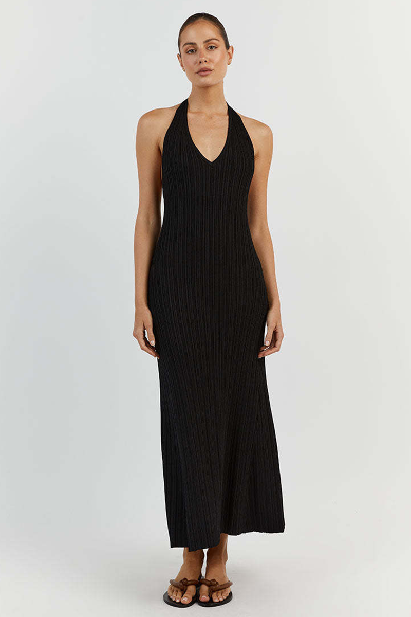 V Neck Halter Pleated Solid Color Knit Backless Maxi Dresses-Brown