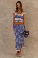 Lace Patchwork Crop Top Floral Print Midi Skirt Matching Set-Blue