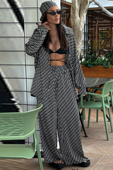 Graphic Print Long Sleeve Blouse Wide Leg Pants Matching Set-Black