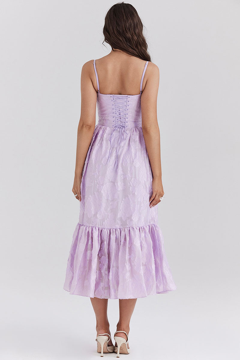 Square Neck Floral Jacquard Lace Up Corset Midi Dresses-Purple