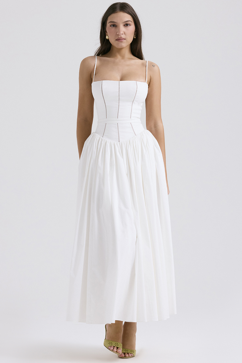 Spaghetti Strap Boat Neck Cinch Waist Pleated Hem Maxi Dresses-White