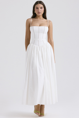 Spaghetti Strap Boat Neck Cinch Waist Pleated Hem Maxi Dresses-White