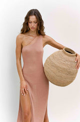 Holiday Knit One Shoulder Slit Maxi Dresses
