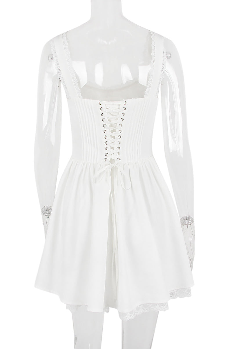 A-line White Boat Neck Tied Up Cami Backless Lace Up Pleated Embroidery Hem Mini Dresses