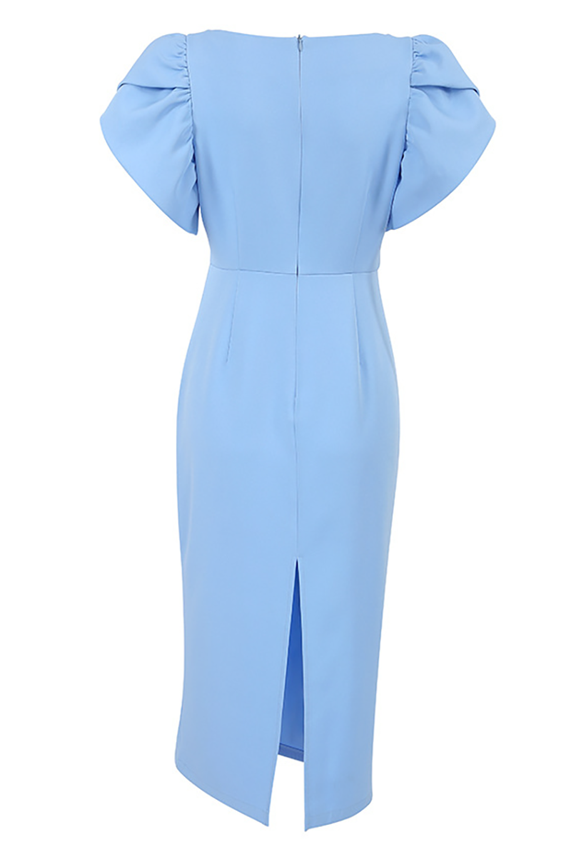 Ruffled Short Sleeve Cinch Waist Back Slit Hem Midi Dresses-Blue