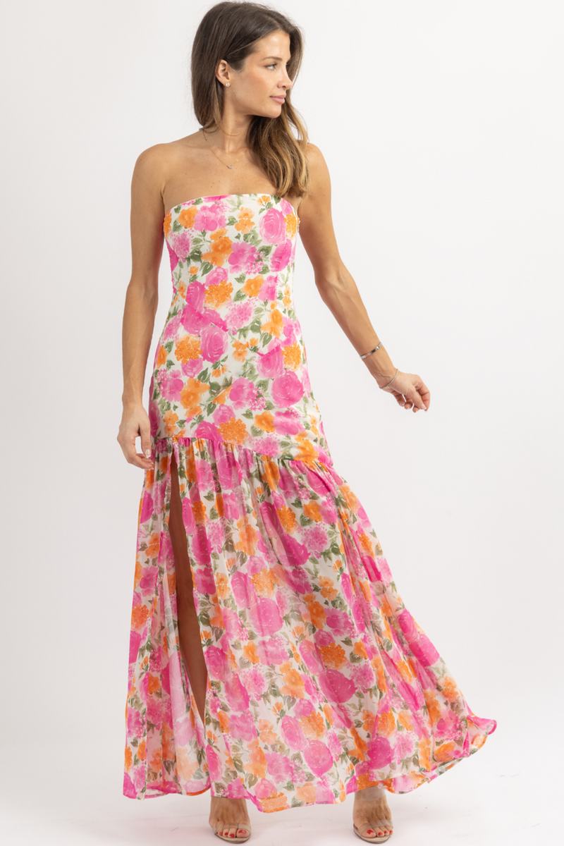 Floral Print Strapless Slit Side Flowy Maxi Dresses-Pink