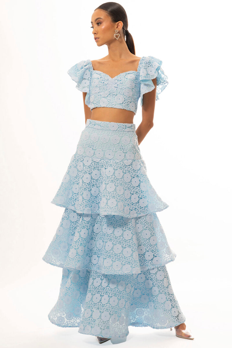 Flutter Sleeve Crop Top Layered Maxi Skirt Lace Matching Set-Blue Pre Order