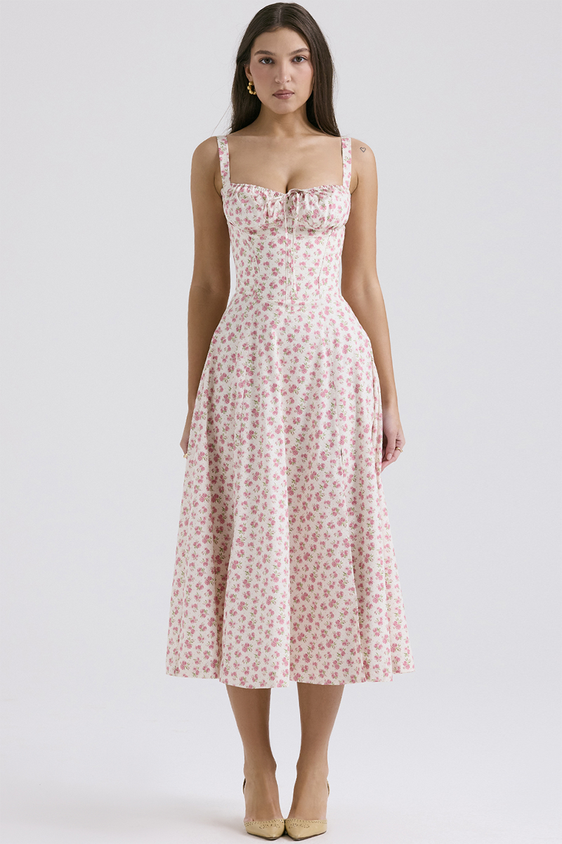 Ditsy Floral Print Front Tie Up Cinch Waist Slip Midi Dresses-Pink
