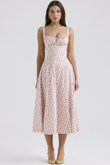 Ditsy Floral Print Front Tie Up Cinch Waist Slip Midi Dresses-Pink