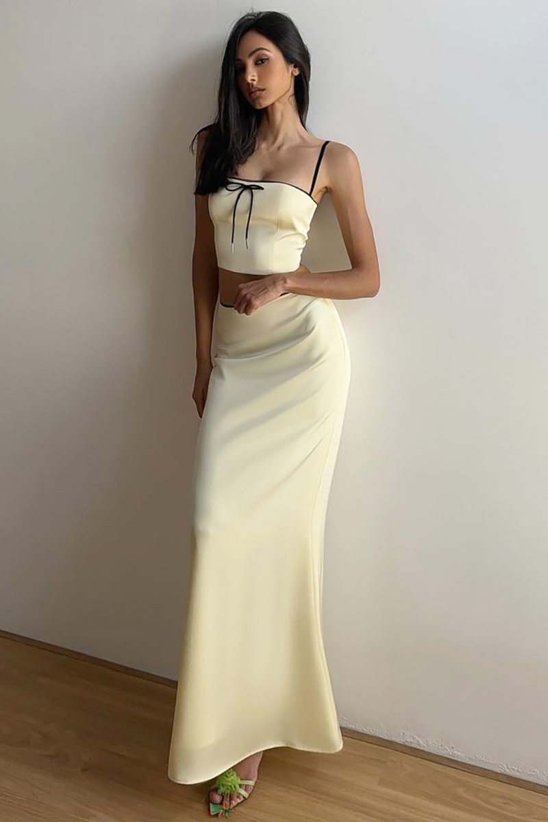 Bow Decor Crop Cami Slim Fit Fishtail Hem Maxi Skirt Matching Set-Beige