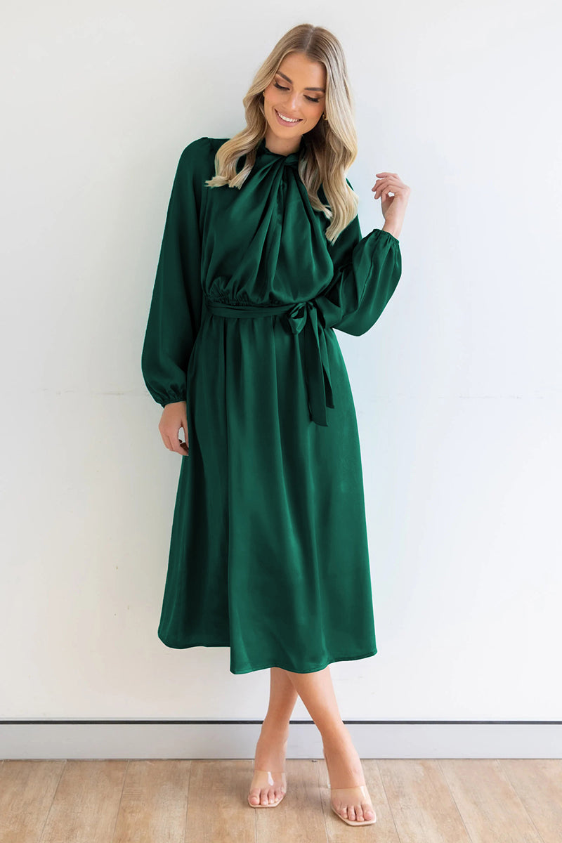Ruched Knotted Long Sleeve Satin Midi Dresses
