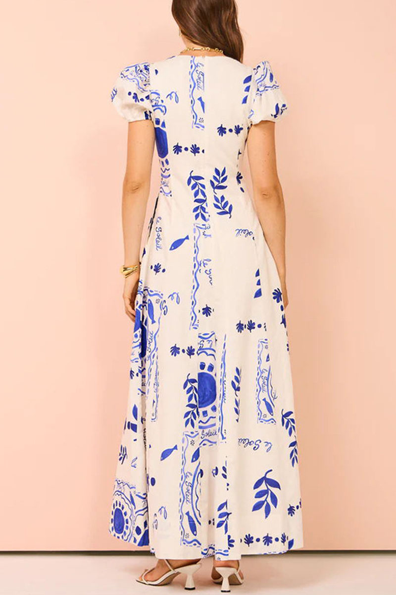 V Neck Puff Sleeve Cinch Waist Boho Print Vacation Maxi Dresses-Beige