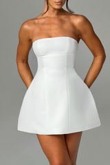 Boat Neck Solid Color A-Line Wide Hem Cocktail Party Mini Tank Dresses-White