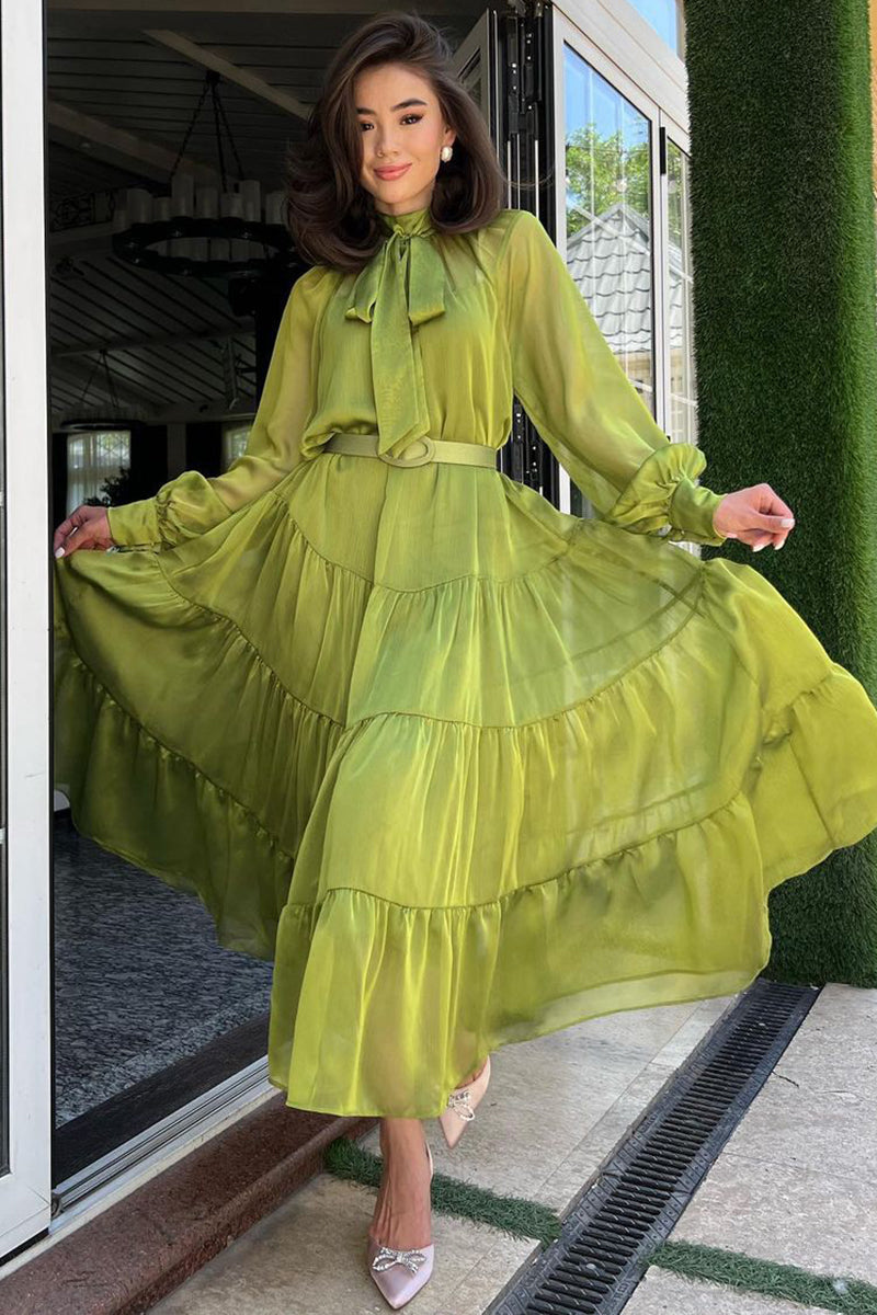 Long Bell Sleeve Mesh Knotted High Neckline Tiered Maxi Dresses