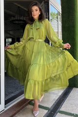 Long Bell Sleeve Mesh Knotted High Neckline Tiered Maxi Dresses
