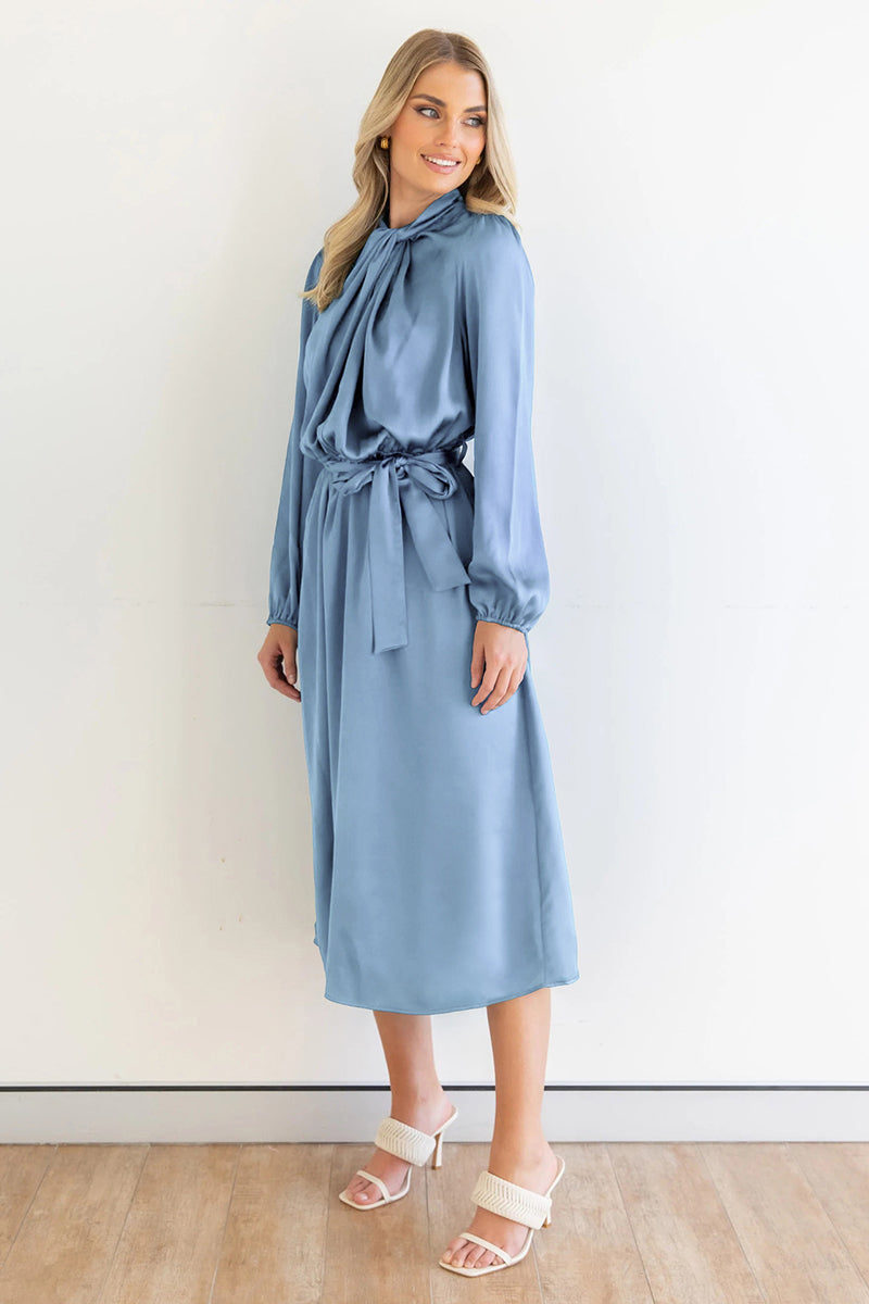 Ruched Knotted Long Sleeve Satin Midi Dresses