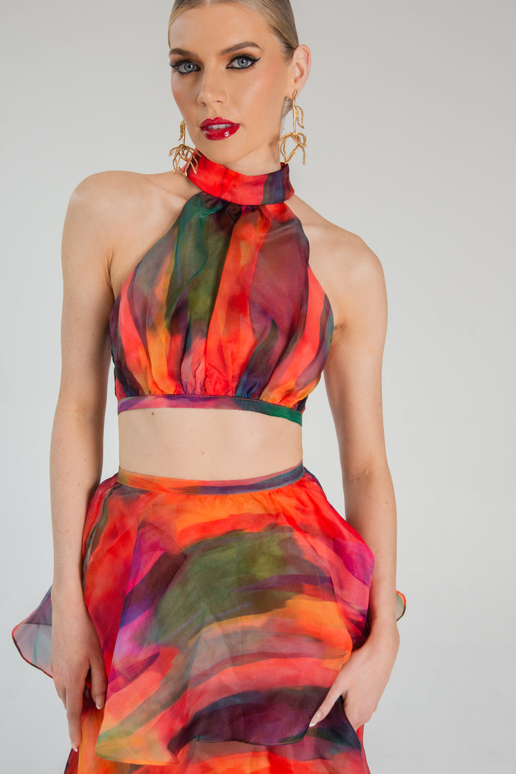 Multicolor Print Halter Layered Maxi Skirt Prom Two Piece Set