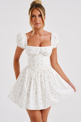 Off Shoulder Puff Sleeve Floral Print Corset Mini Dresses-White
