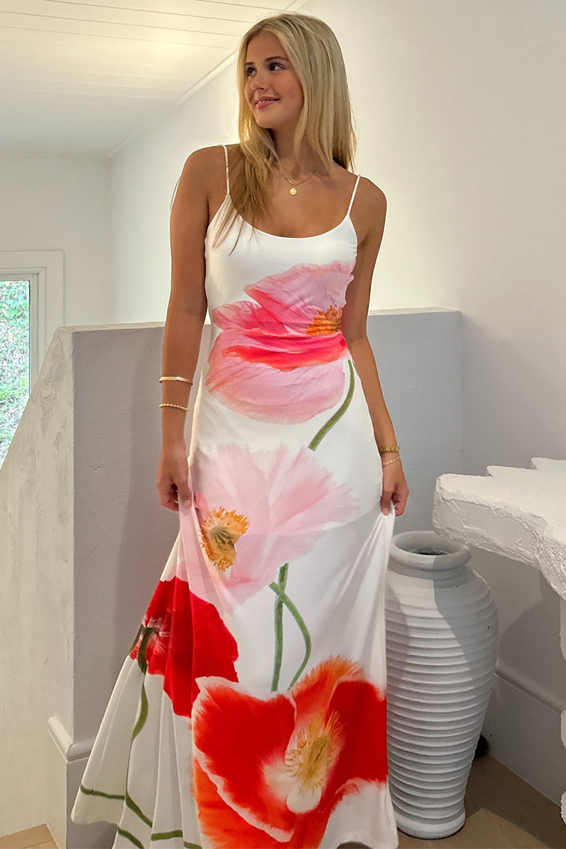 Floral Print U Neck Backless Vacation Slip Maxi Dresses-White