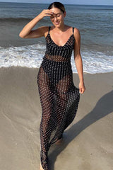 Polka Dot Print See Through Mesh Tied Up Maxi Slip Dresses-Black