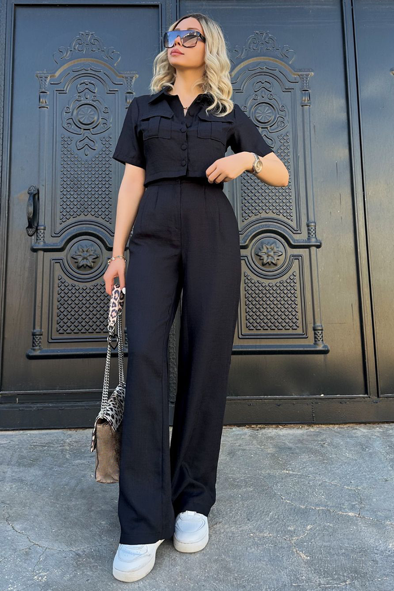 Solid Color Short Sleeve Crop Blouse Straight Leg Pants Matching Set-Beige