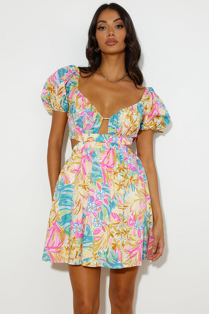 Multicolor Print Puff Sleeve V Neck Tie-Up Backless Mini Dresses