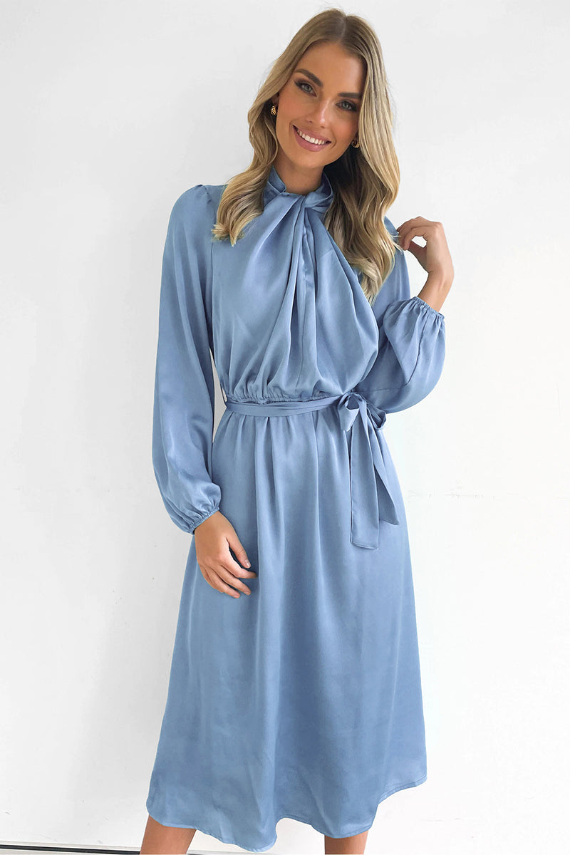 Ruched Knotted Long Sleeve Satin Midi Dresses