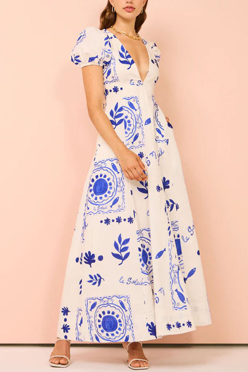 V Neck Puff Sleeve Cinch Waist Boho Print Vacation Maxi Dresses-Beige