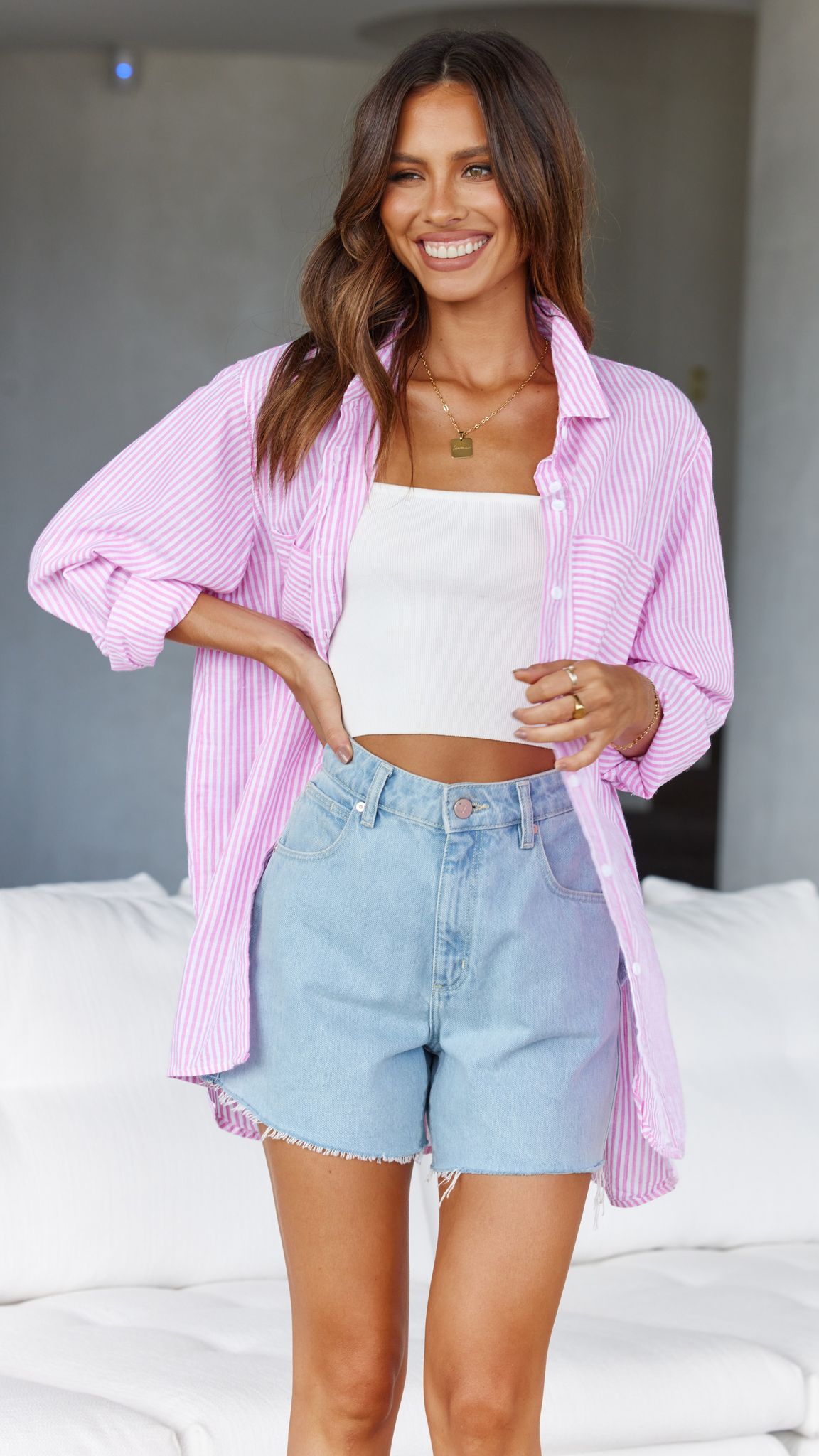 Relaxed Fit Button Up Shirt Set-Pink/Blue Stripe