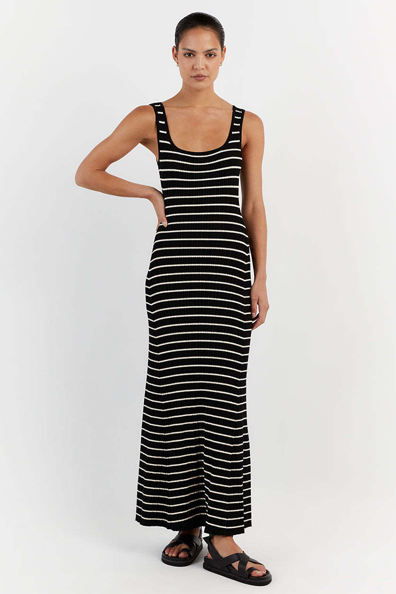 U Neck Striped Pattern Slim Fit Knit Maxi Tank Dresses-Beige