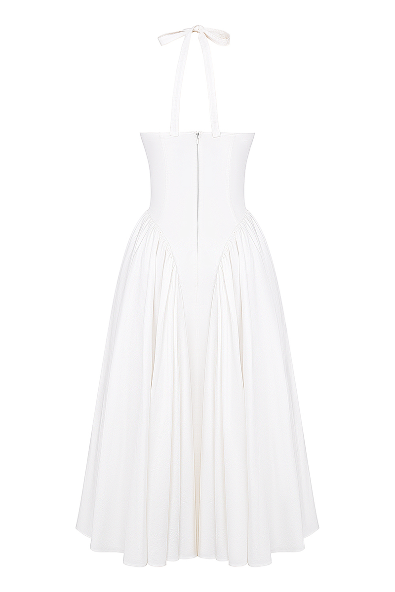 Deep V Neck Halter Cinch Waist Plain Midi Dresses-White