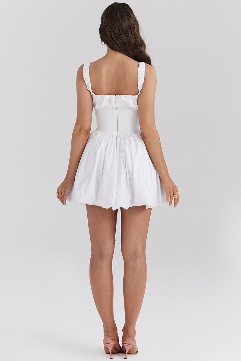 Square Neck Ruched Cinch Waist Bubble Hem Mini Dresses-White