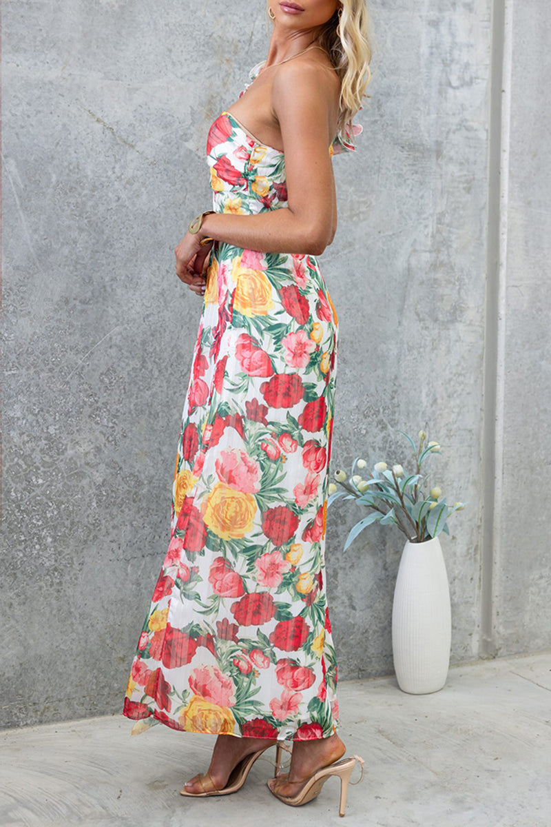 Floral Print Ruffle One Shoulder Slit Vacation Maxi Dresses-Red Pre Order