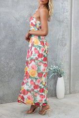 Floral Print Ruffle One Shoulder Slit Vacation Maxi Dresses-Red Pre Order