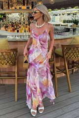 V Neck Floral Print Ruffled Maxi Strappy Dresses-Purple