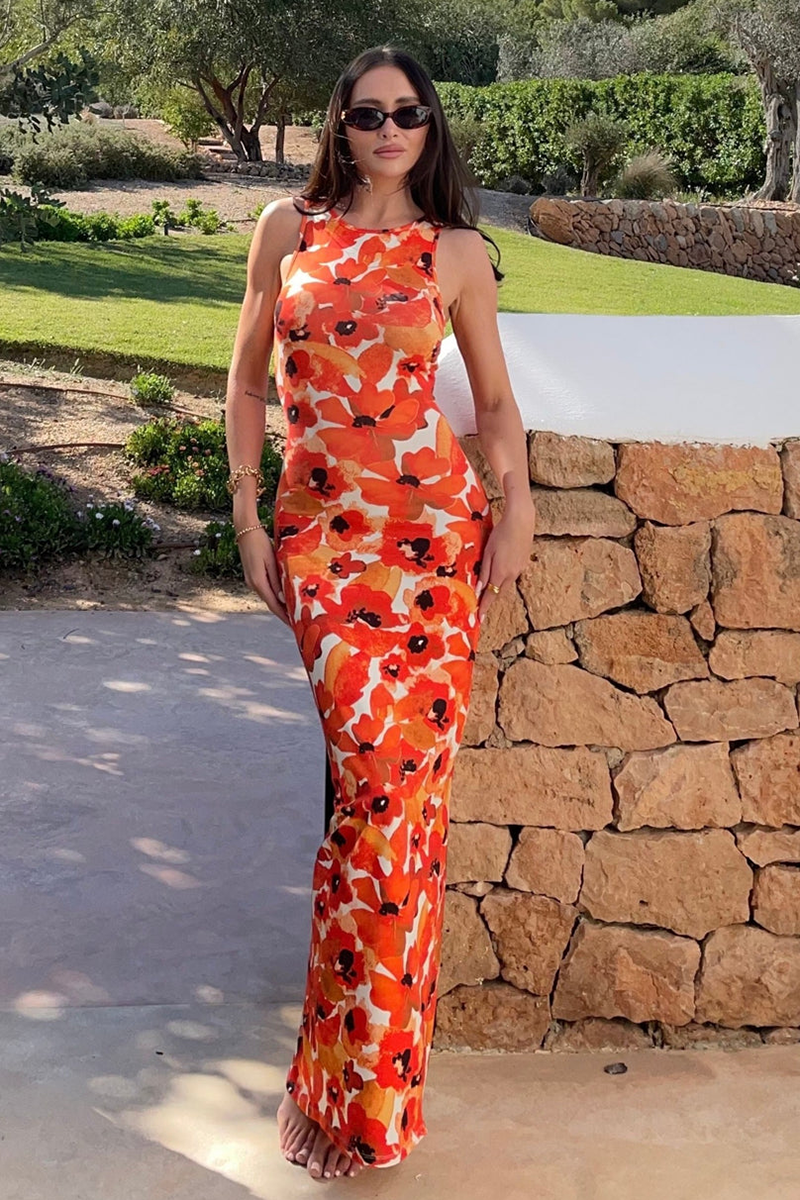Floral Print Slim Fit Maxi Tank Dresses-Red Pre Order