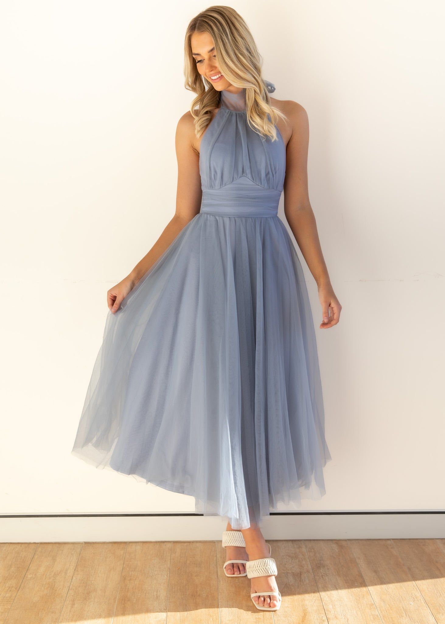 Tulle Halter Bow Backless Prom Maxi Dresses