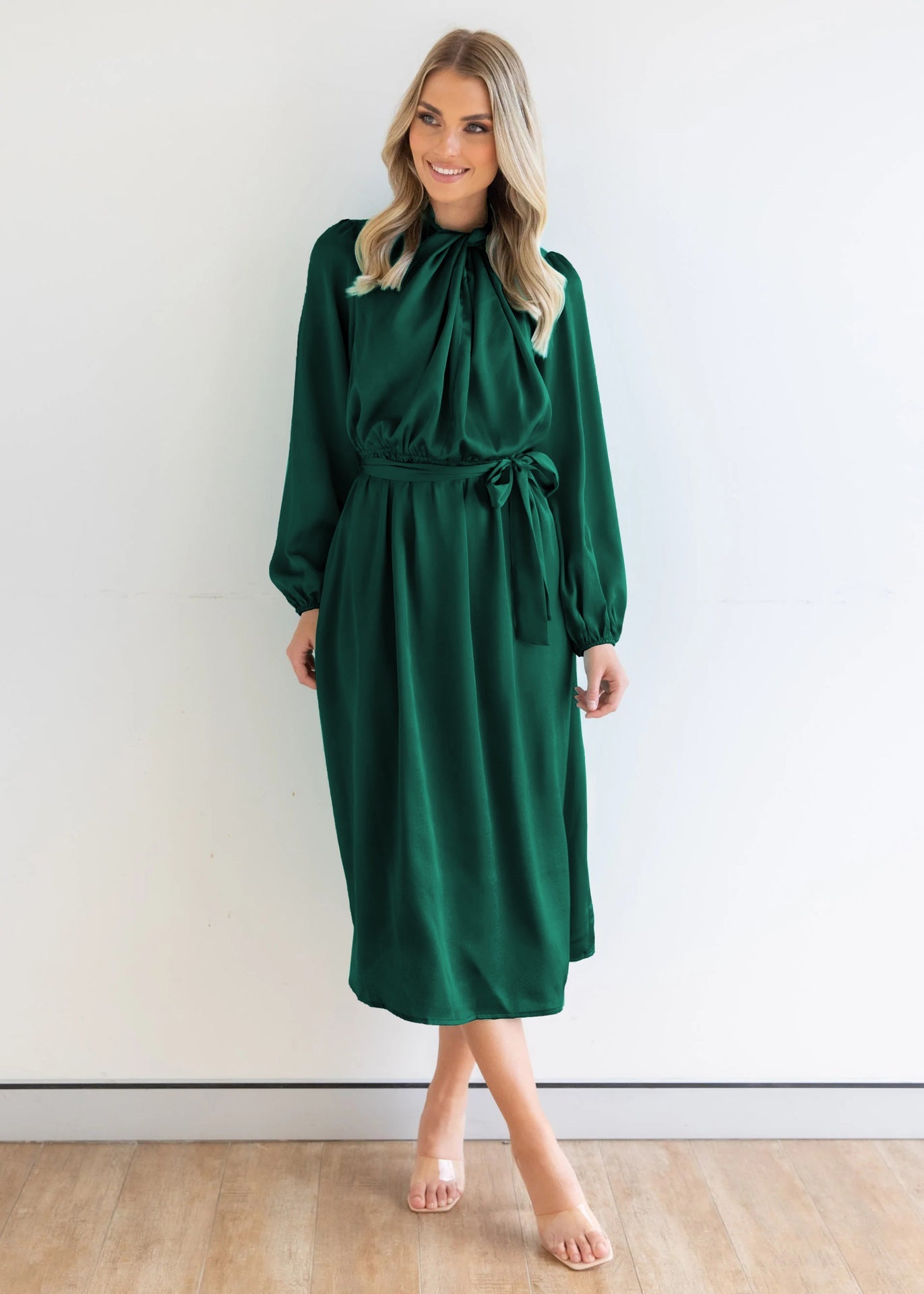 Ruched Knotted Long Sleeve Satin Midi Dresses
