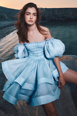 Off Shoulder Puff Sleeve Ruched A-Line Tulle Mini Dresses-Blue