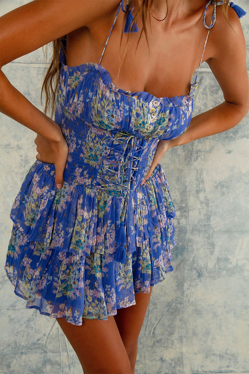 Floral Print Spaghetti Strap Slim Fit Tiered Ruffled Mini Dresses-Blue