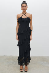 Cross Cami Asymmetric Ruffle Birthday Party Maxi Dresses-Black Pre Order