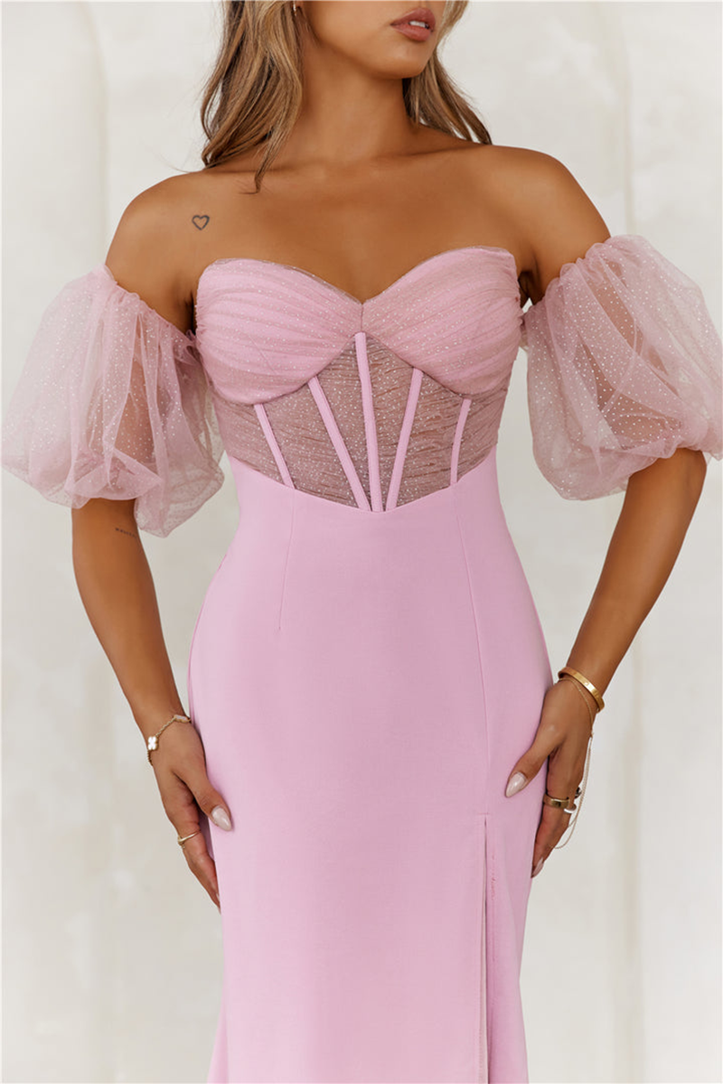 Tulle Patchwork Puff Sleeve Corset High Slit Maxi Dresses-Pink