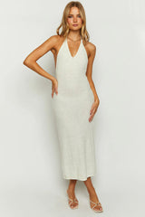 V Neck Halter Backless Elegant Beach Party Vacation Knit Maxi Dresses-White