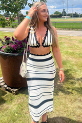 Knit Striped Ripple Trim Deep V Neck Crop Top Vacation Maxi Skirt Matching Set-White