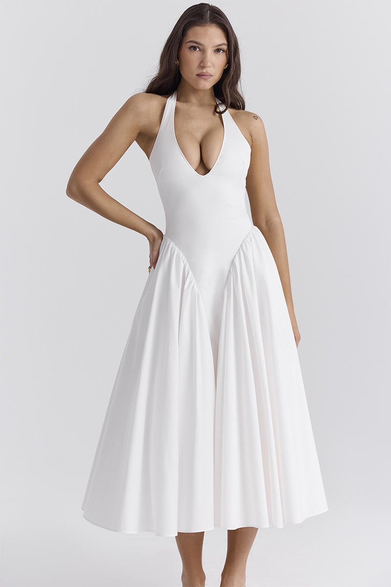 Deep V Neck Halter Cinch Waist Plain Midi Dresses-White