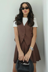 Solid Color V Neck Button Up Waistcoat Pleated Mini Skirt Matching Set-Brown