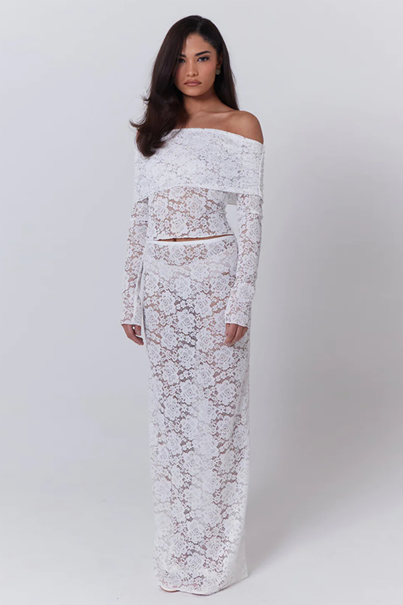 Floral Lace Off Shoulder Long Sleeve Crop Top Maxi Skirt Matching Set-White