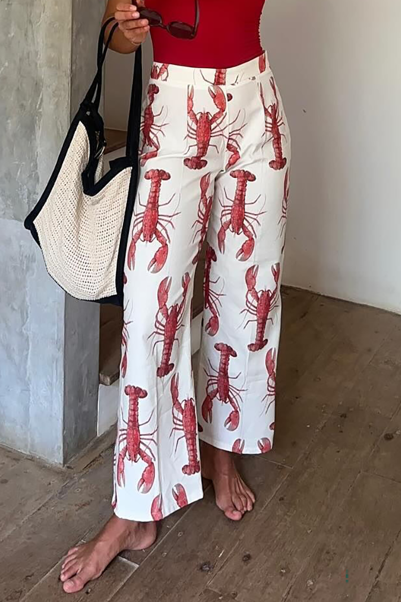 Lobster Print Puff Sleeve Tie Up Top Straight Leg Pants Matching Set-White