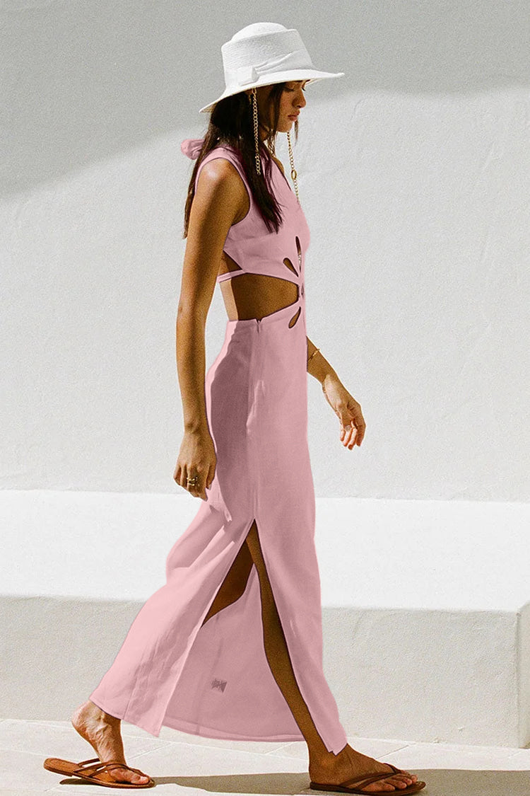 White Cutout Hollow Out Tied Up Sleeveless High Neck Slit Slim Maxi Dresses